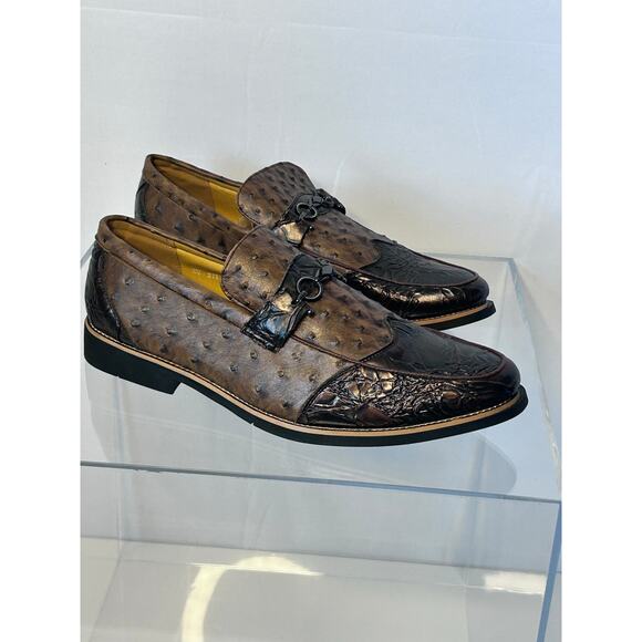 Men’s Brown Textured Loafers Ostrich-Style Look Metal Bit Slip-On Size 12 main image 6